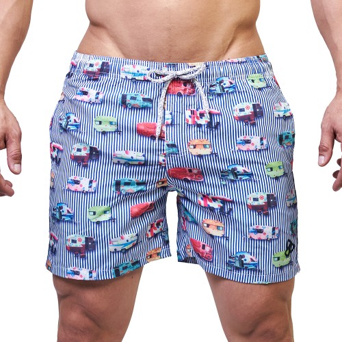 Beach Shorts - Navy Stripes Wheels [4193]